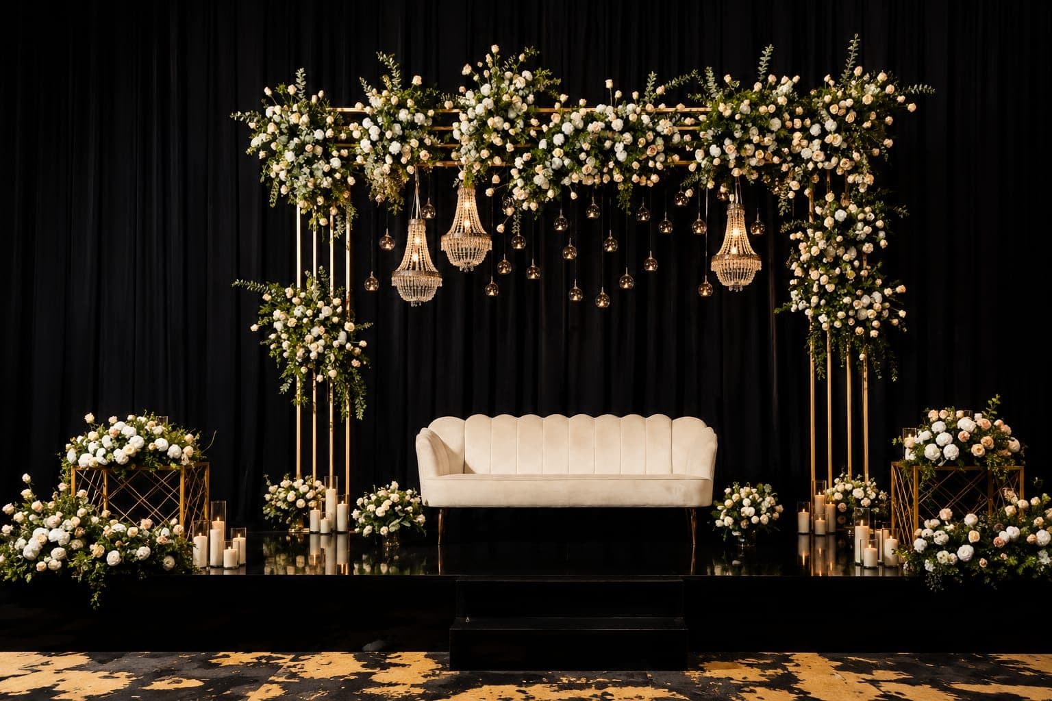 A reception stage by Airava Events — white couch beneath golden chandeliers, framed in white florals